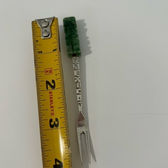 Jade and sterling silver vintage antique hors d'oeuvres made in Mexico fork - Picture 1 of 9